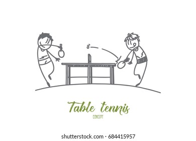 Table tennis concept. Hand drawn portrait of two male athletes playing table tennis. Sportsmen with rockets isolated vector illustration.