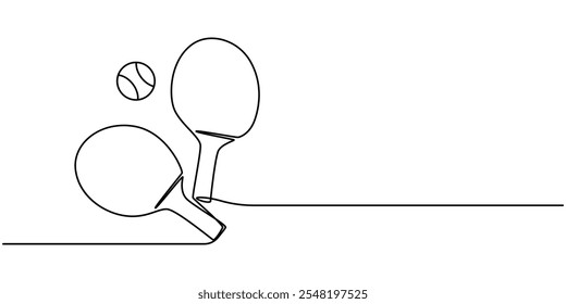 Table Tennis Continuous Line Illustration, Table Tennis Racket One Line Drawing: Continuous Hand Drawn Sport, Ping pong rackets one line art. Continuous line drawing of table tennis, sport, fitness.