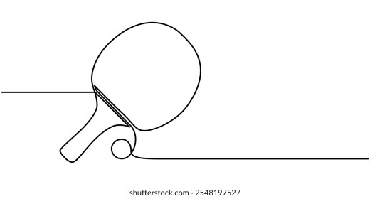 Table Tennis Continuous Line Illustration, Table Tennis Racket One Line Drawing: Continuous Hand Drawn Sport, Ping pong rackets one line art. Continuous line drawing of table tennis, sport, fitness.