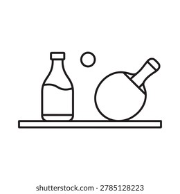 table tennis equipment and bottle on a tray line drawing