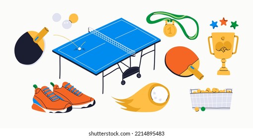 Table tennis equipment set. Balls, rackets, sneakers, cup, medal, board, basket in vibrant colors. Ping pong championship stuff. Vector illustrations for office activity. Pair sport training concept