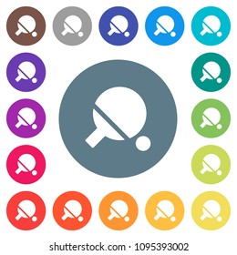 Table tennis flat white icons on round color backgrounds. 17 background color variations are included.