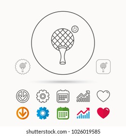 Table tennis icon. Ping pong sign. Professional sport symbol. Calendar, Graph chart and Cogwheel signs. Download and Heart love linear web icons. Vector