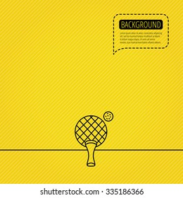 Table tennis icon. Ping pong sign. Professional sport symbol. Speech bubble of dotted line. Orange background.