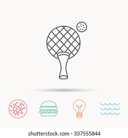 Table tennis icon. Ping pong sign. Professional sport symbol. Global connect network, ocean wave and burger icons. Lightbulb lamp symbol.