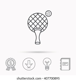 Table tennis icon. Ping pong sign. Professional sport symbol. Download arrow, lamp, learn book and award medal icons.