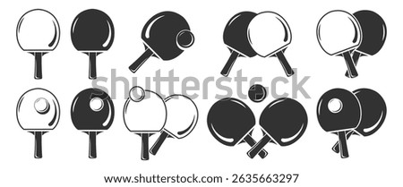 Table Tennis Icon Set. Vector Ping Pong Paddles and Balls in Flat, Silhouette, and Outline Styles Isolated on Transparent Background