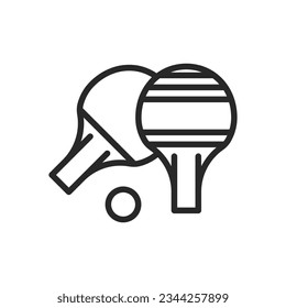 Table Tennis Icon. Vector Outline Editable Sign of Ping Pong Racket and Ball on Tennis Table. Sport and Recreation Equipment for Ping Pong Game. Linear Minimal Illustration.