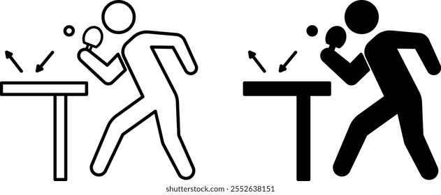 Iconos de tenis de mesa. Ilustraciones vectoriales blancas y negras. Bola de golpeo deportiva con raqueta. Juego de Ping Pong. Concepto de deporte