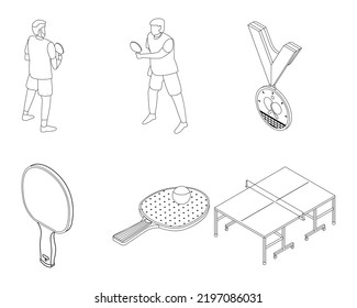Table tennis icons set. Isometric set of table tennis vector icons outline thin lne isolated on white