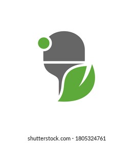 Mesa de tenis con diseños de logo de hoja. Etiqueta deportiva ilustración vectorial para club de ping pong
