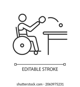 Table tennis linear icon. Hit lightweight ball using racket. Sportsman with physical disability. Thin line customizable illustration. Contour symbol. Vector isolated outline drawing. Editable stroke