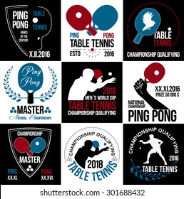 Table tennis logo. Ping pong logo.Game ping pong icons.Racket, ball ping pong icon. Wreath of the winner.Hand with the racket. Athlete plays table tennis logo. Sports logos.Summer sports game logotype