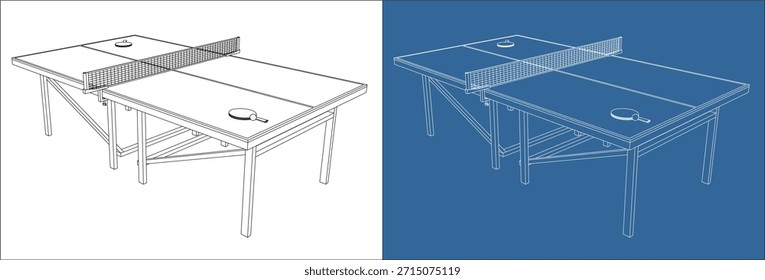 Table Tennis Table Perspective Drawing with Rackets and Ball Ready to Play
