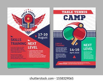 Table Tennis, Ping Pong Camp Posters, Flyer with Table Tennis Ball and Table Tennis Rackets - Template Vector Design