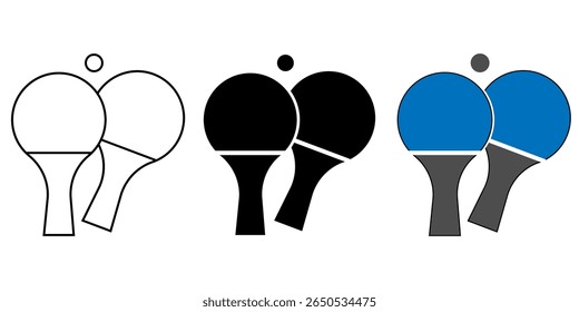 Table tennis or ping pong paddle icon set with ball in outline, silhouette, and filled color styles. Vector symbol ideal for sports UI, games, fitness apps, and recreation or tournament interfaces.