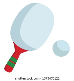 Table tennis ping pong white bat with red colored handle encompassed with two green bands and a white ball vector color drawing or illustration 