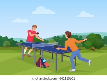 Table tennis pingpong match on the nature. The vector illustration of two friends playing ping pong.