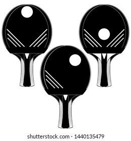 Table tennis or ping-pong racket with ball black silhouettes on white background, vector illustration.