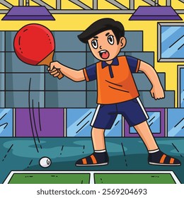 Table Tennis Player Blocking Ball Colored Cartoon 