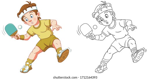 Table tennis player, boy playing ping pong. Coloring page and colorful clipart character. Cartoon design for t shirt print, icon, logo, label, patch or sticker. Vector illustration.