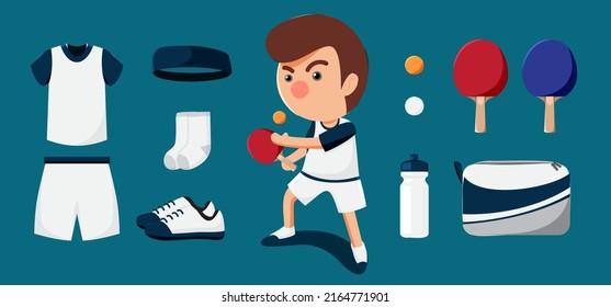 Table tennis player cartoon and equipment set such as ball, uniform, paddle, headband, uniform, shoe. Objects isolated on a blue background.