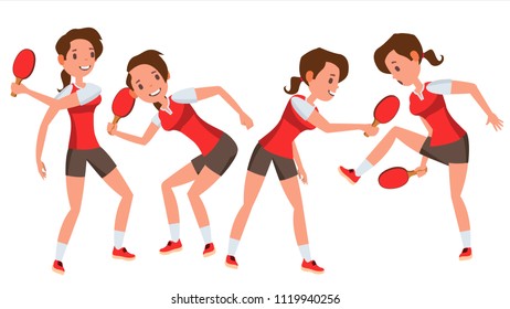 Table Tennis Player Female Vector. Receives The Ball. Stylized Player. Isolated Flat Cartoon Character Illustration