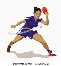 Table Tennis Player Female Vector. Receives The Ball. Stylized Player. Isolated Flat Cartoon. Athletic lifestyle in flat cartoon style. Character Illustration