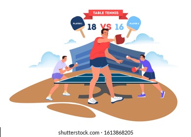 Table tennis player holding a racket. Table tennis player training. Athlete on the stadium. Championship tournament. Isolated vector illustration in cartoon style