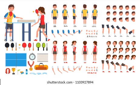 Jugador de tenis de mesa macho, vectora femenina. Conjunto de creación de caracteres animados. Ping Pong. Hombre, Mujer, Longitud Completa, Delantera, Lateral, Retrovista, Accesorios, Poses, Emociones Caras, Gestos. Dibujo plano aislado 