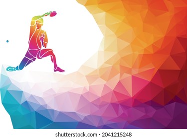 Table tennis player. Ping pong vector illustration or banner template in trendy abstract colorful polygon style with rainbow back