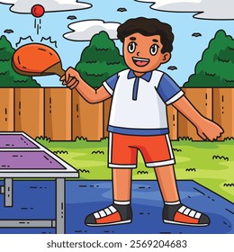 Table Tennis Player Practicing Colored Cartoon 