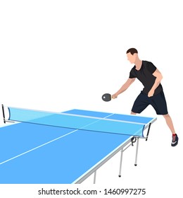 Table tennis player with racket, ball and blue table for ping pong game, vector illustration isolated on white background. Young man playing table tennis for poster, banner, ticket, card etc.