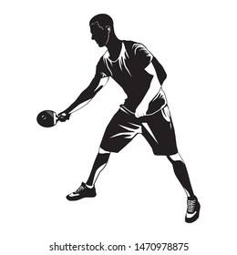 Table tennis player with racket and ball black silhouette on white background, vector illustration.