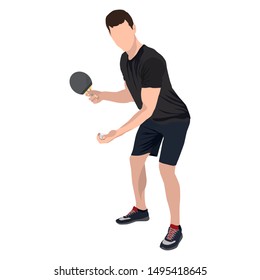 Table tennis player with racket and ball, vector flat illustration isolated on white background.