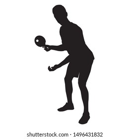 Table tennis player with racket and ball black silhouette on white background, vector illustration.