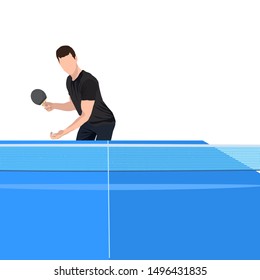 Table tennis player with racket, ball and blue table for ping pong game, vector illustration isolated on white background. Young man playing table tennis for poster, banner, ticket, card etc.