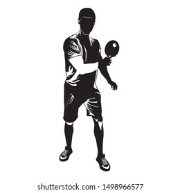 Table tennis player with racket and ball black silhouette on white background, vector illustration.