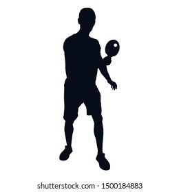  Table tennis player with racket and ball black silhouette on white background, vector illustration.