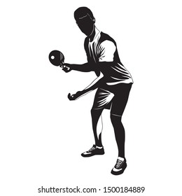  Table tennis player with racket and ball black silhouette on white background, vector illustration.