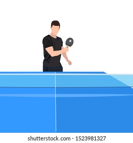 Table tennis player with racket, ball and blue table for ping pong game, vector illustration isolated on white background. Young man playing table tennis for poster, banner, ticket, card etc.