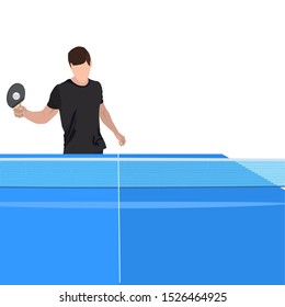 Table tennis player with racket, ball and blue table for ping pong game, vector illustration isolated on white background. Young man playing table tennis for poster, banner, ticket, card etc.