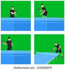 Table tennis player with racket, ball and blue table for ping pong game, vector illustration set. Young man playing table tennis composition for poster, banner, ticket, card etc.