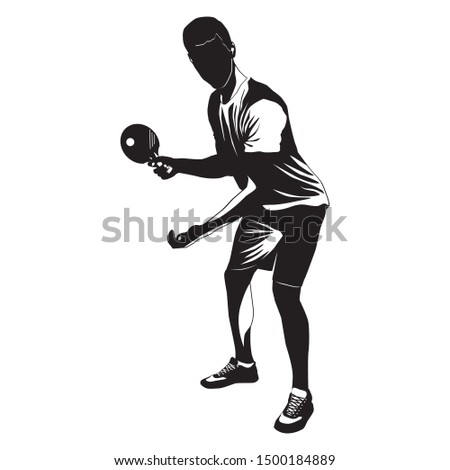  Table tennis player with racket and ball black silhouette on white background, vector illustration.