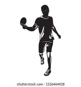 Table tennis player with racket black silhouette on white background, vector illustration.