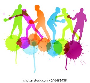 Table tennis player silhouettes ping pong vector background with ink splashes