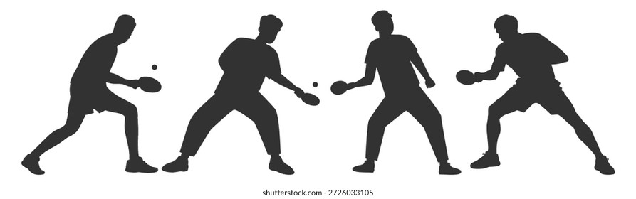 Juego de siluetas de jugador de tenis de mesa, atletas de ping pong en poses de acción, colección de Ilustración vectorial deportiva sobre fondo transparente
