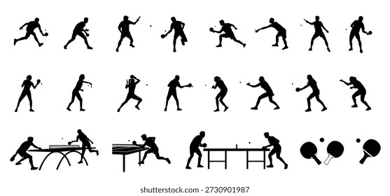 Juego de siluetas de jugador de tenis de mesa, poses de acción deportiva de ping pong