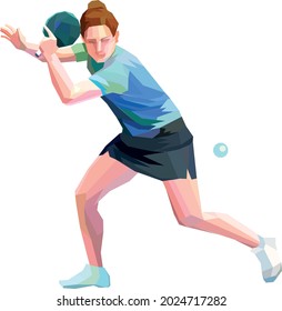 Table tennis player skillfully twists the ball. Ping pong triangle geometric color polygonal female athlete. Vector clipart isolated on white background