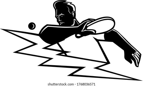 Table Tennis Player Striking Ping Pong Ball Lightning Bolt Mascot Black and White